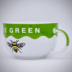 Bee Green Wide Mouth Mug Coffee Soup Tea Ceramic Honey Bees Handle White Green